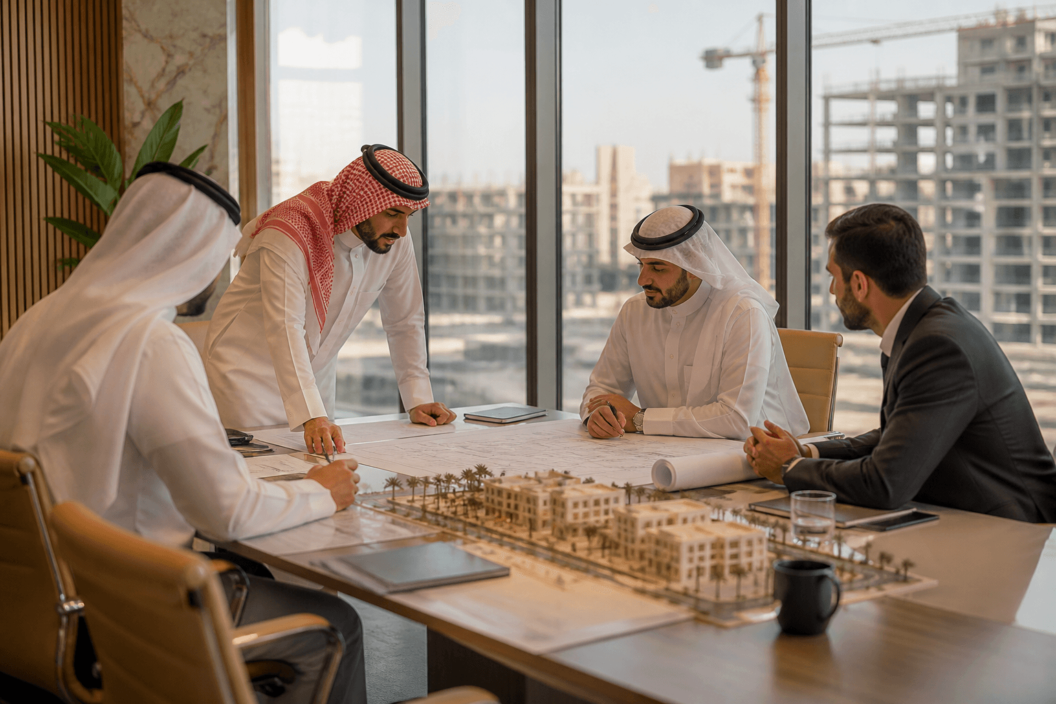 فريق تطوير عقاري يراجع مخططات مشروع حديث